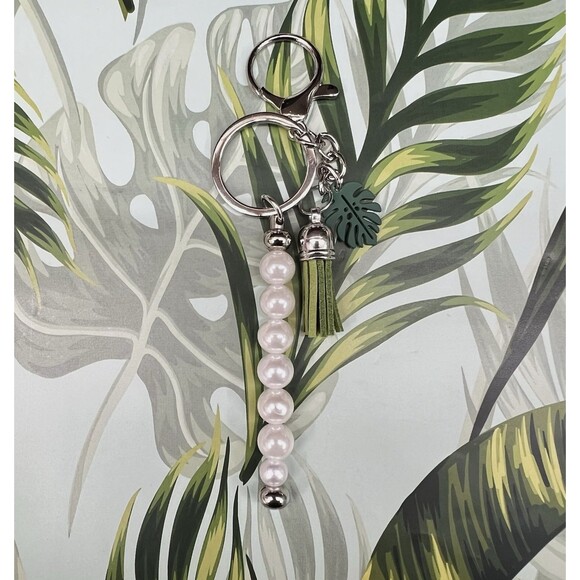 PLANT LADY Bag Charm Keychain Multi MONSTERA Pendant Suede Tassel Faux Pearls - Picture 3 of 17